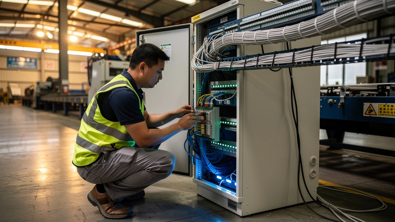 Network engineer installing structured cabling in Chinese factory