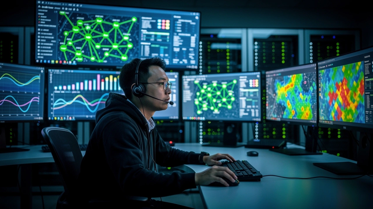 Engineer monitoring network operations center screens around the clock