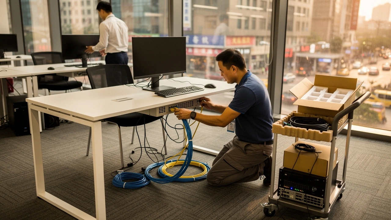 IT technician setting up a new office workspace in Shanghai