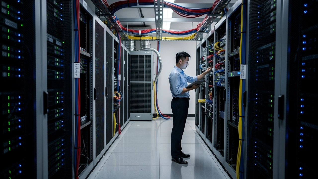 Technician inspecting server racks in a Shanghai data center