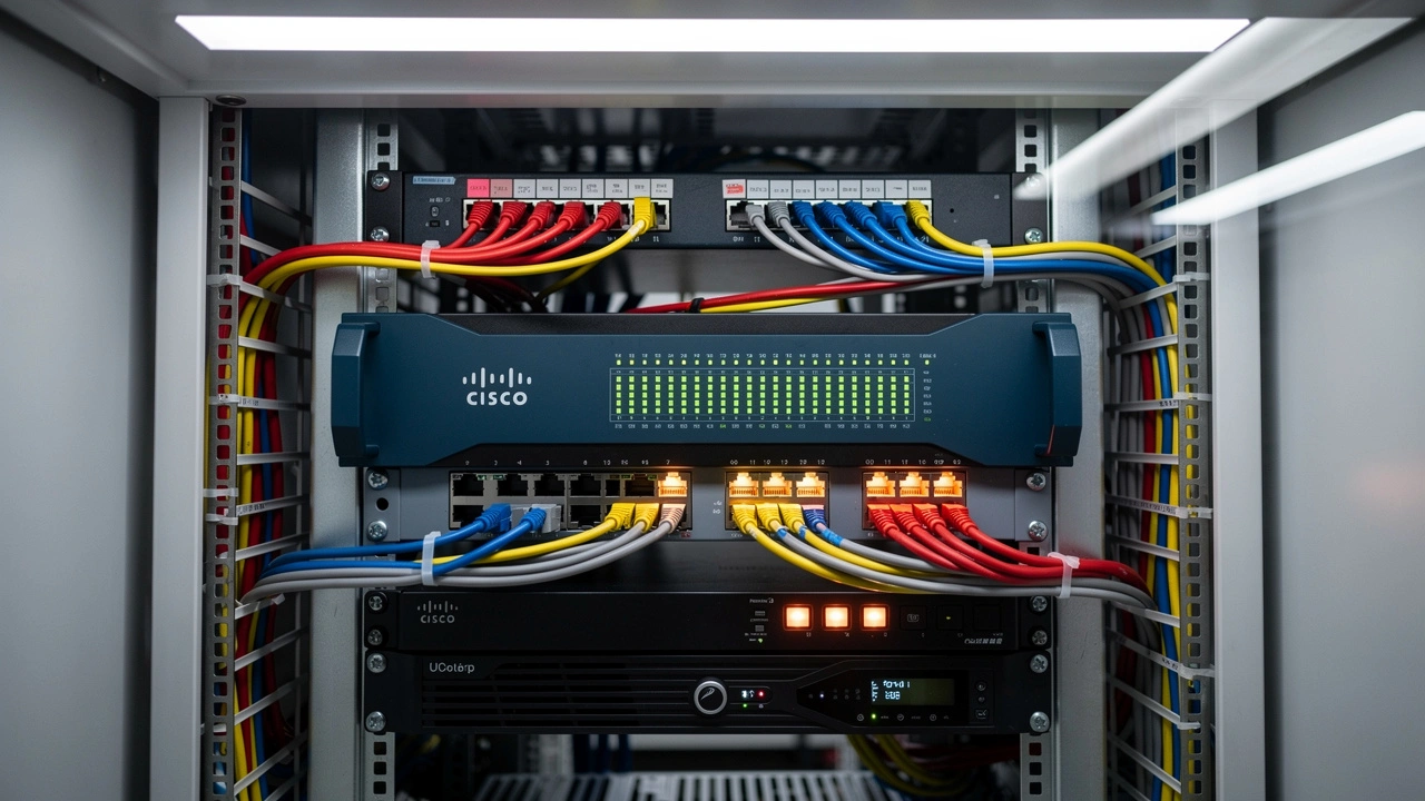 Organized server rack with structured cabling in modern office