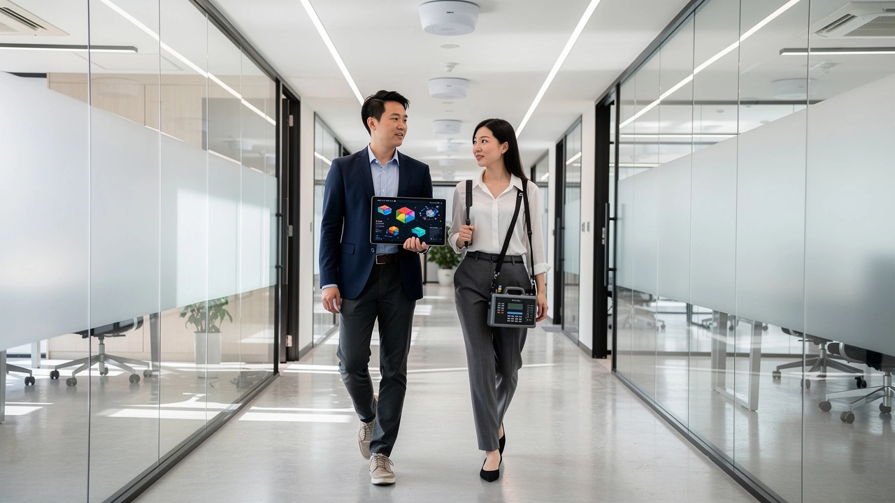 Two engineers performing on-site Ekahau WiFi survey in China office