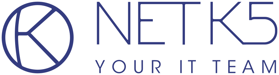 NETK5 logo featuring a circular design with a stylized 'K' on the left and the text "NETK5 YOUR IT TEAM" in blue capital letters on the right.