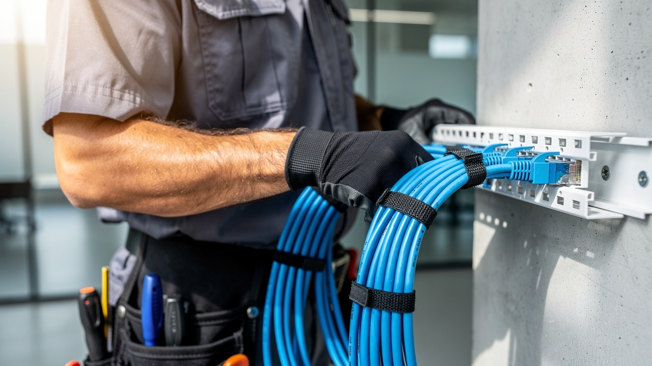 Technician installing Cat6 copper cabling in China office