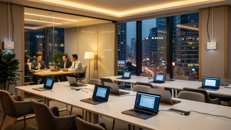 A modern office with empty desks and laptops in the foreground, and four people having a meeting in a glass-walled room at dusk with city buildings visible through the windows.
