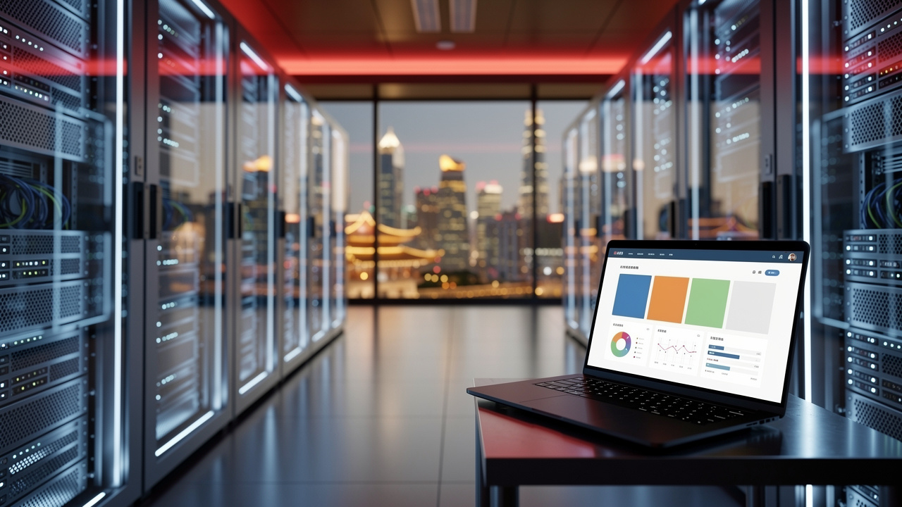 Modern data center server room with Chinese city skyline