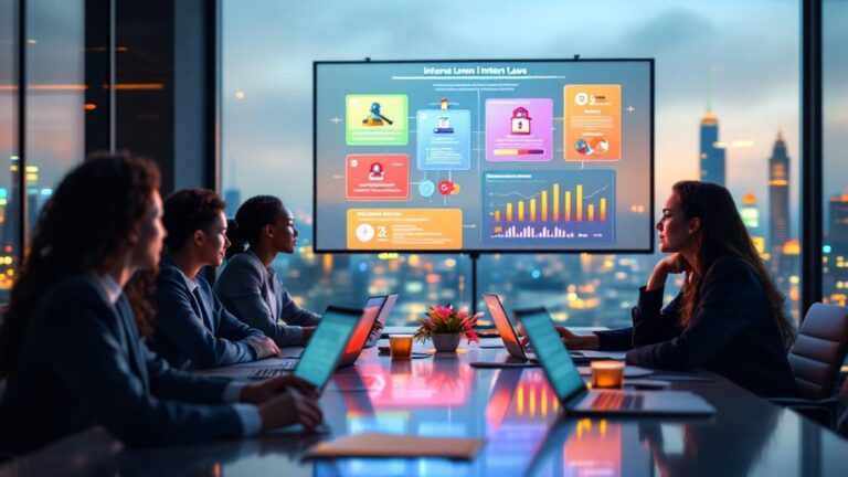 Five people in business attire sit at a conference table with laptops, viewing a digital presentation displaying charts and graphics in a high-rise office at night.