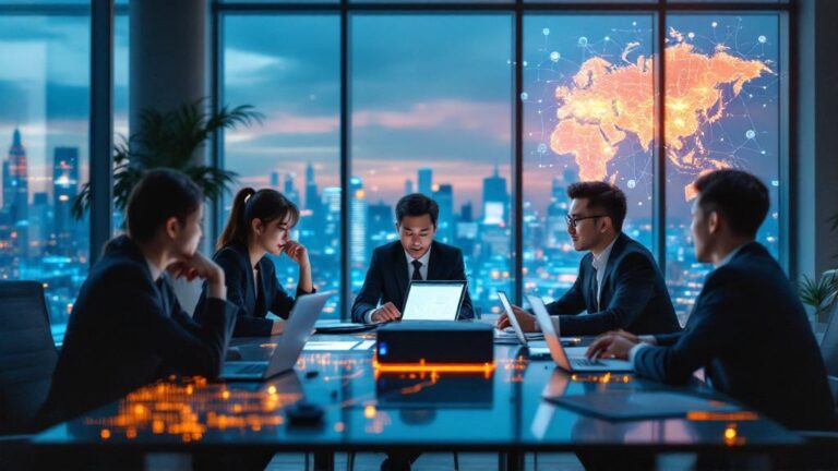 Five business professionals sit around a conference table with laptops in a high-rise office at sunset; a digital world map glows on a screen in the background.