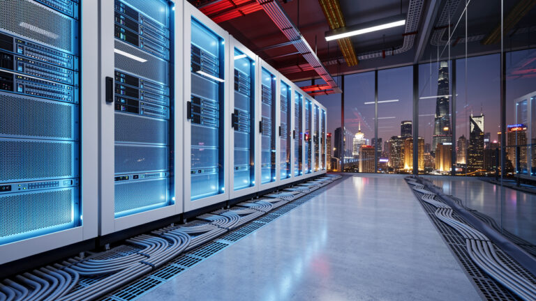 A modern data center with illuminated server racks, neatly organized cables on the floor, and large windows overlooking a city skyline at dusk.