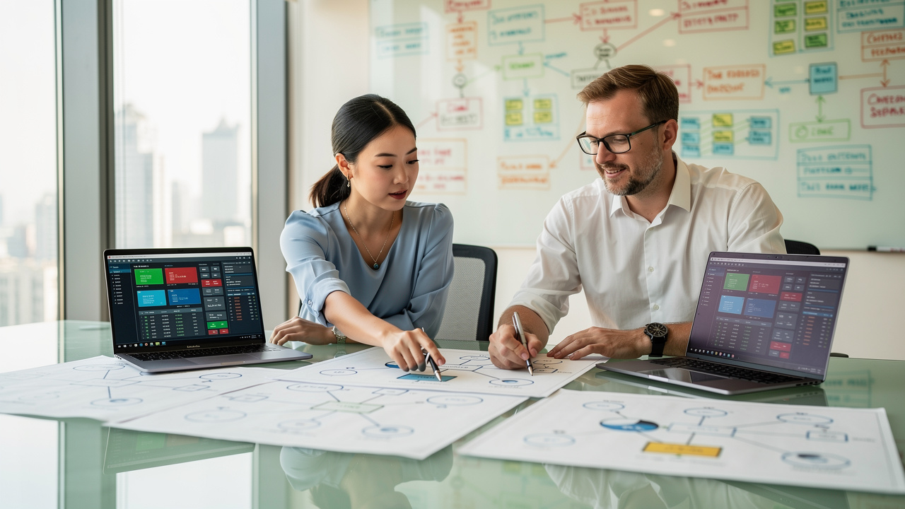 IT professionals reviewing network compliance design in China office