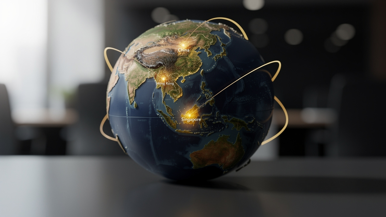 Globe highlighting China, Hong Kong, and Singapore hosting locations