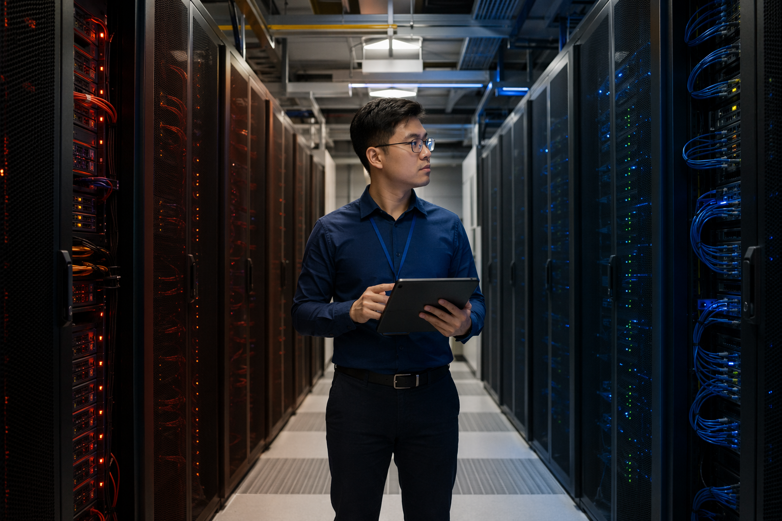 Network engineer comparing server racks in modern data center