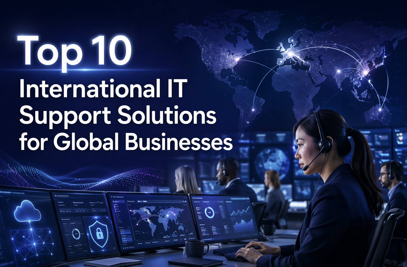 A woman with a headset works at a computer in a control center. World map and data graphics are displayed, with text: "Top 10 International IT Support Solutions for Global Businesses.