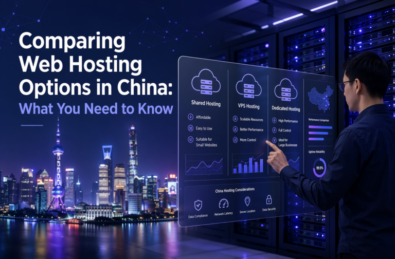 A man interacts with a digital panel comparing web hosting options in China, with server racks and a Shanghai cityscape in the background.