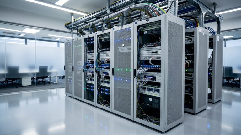 Rows of server racks with cables and illuminated indicator lights in a modern data center, adjacent to a glass-walled office space with empty chairs and desks.