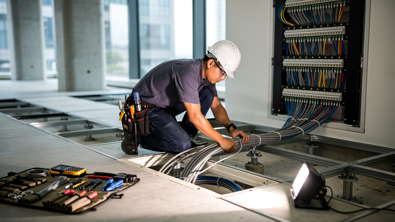 Technician installing structured cabling in Shanghai office