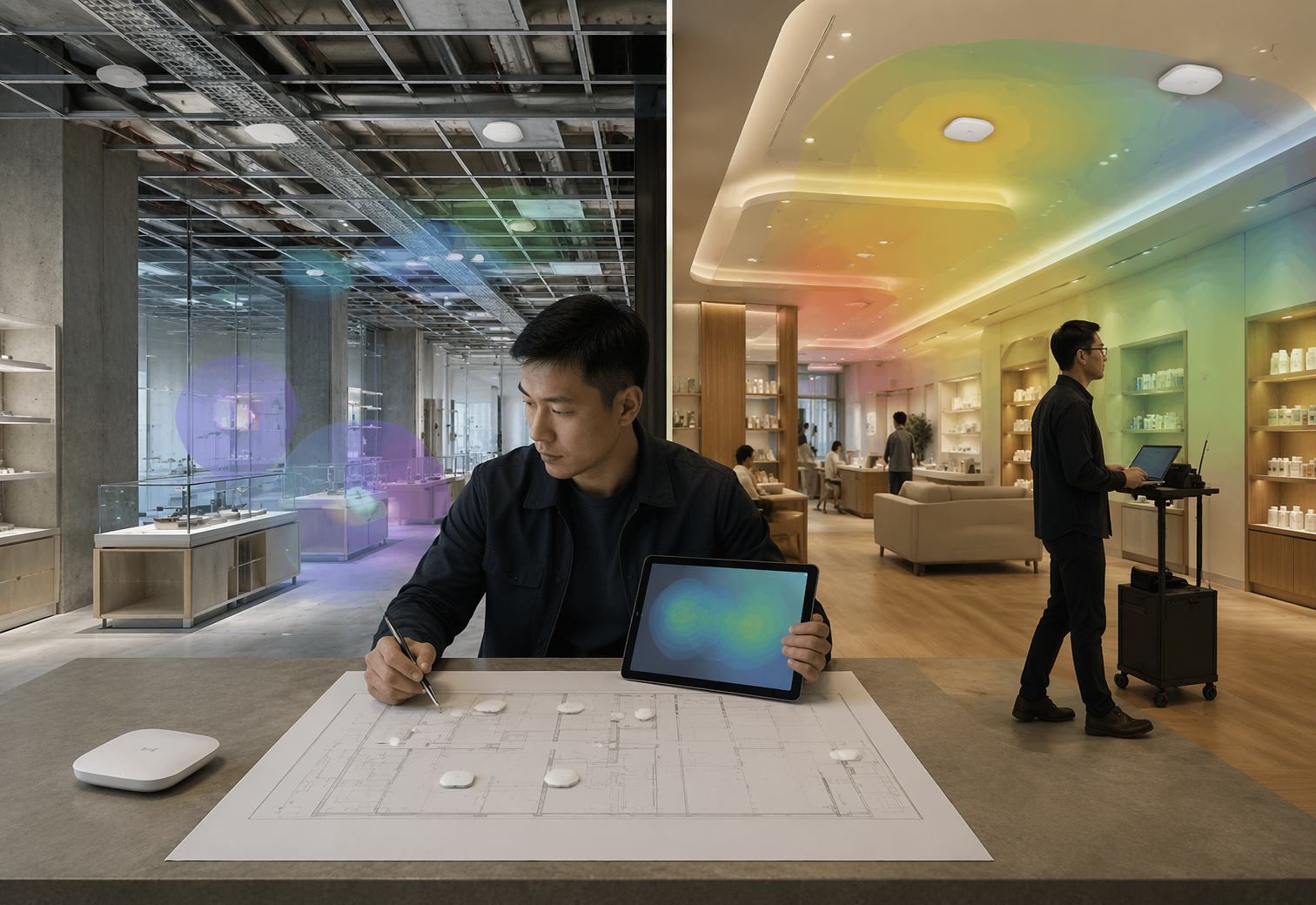 Split scene of WiFi planning and validation in modern office environment