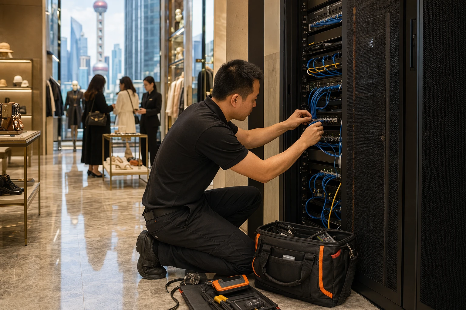 Onsite engineer repairing network cabinet in Shanghai boutique
