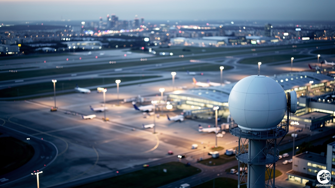 Airport radar dish near runway at dusk causing DFS interference