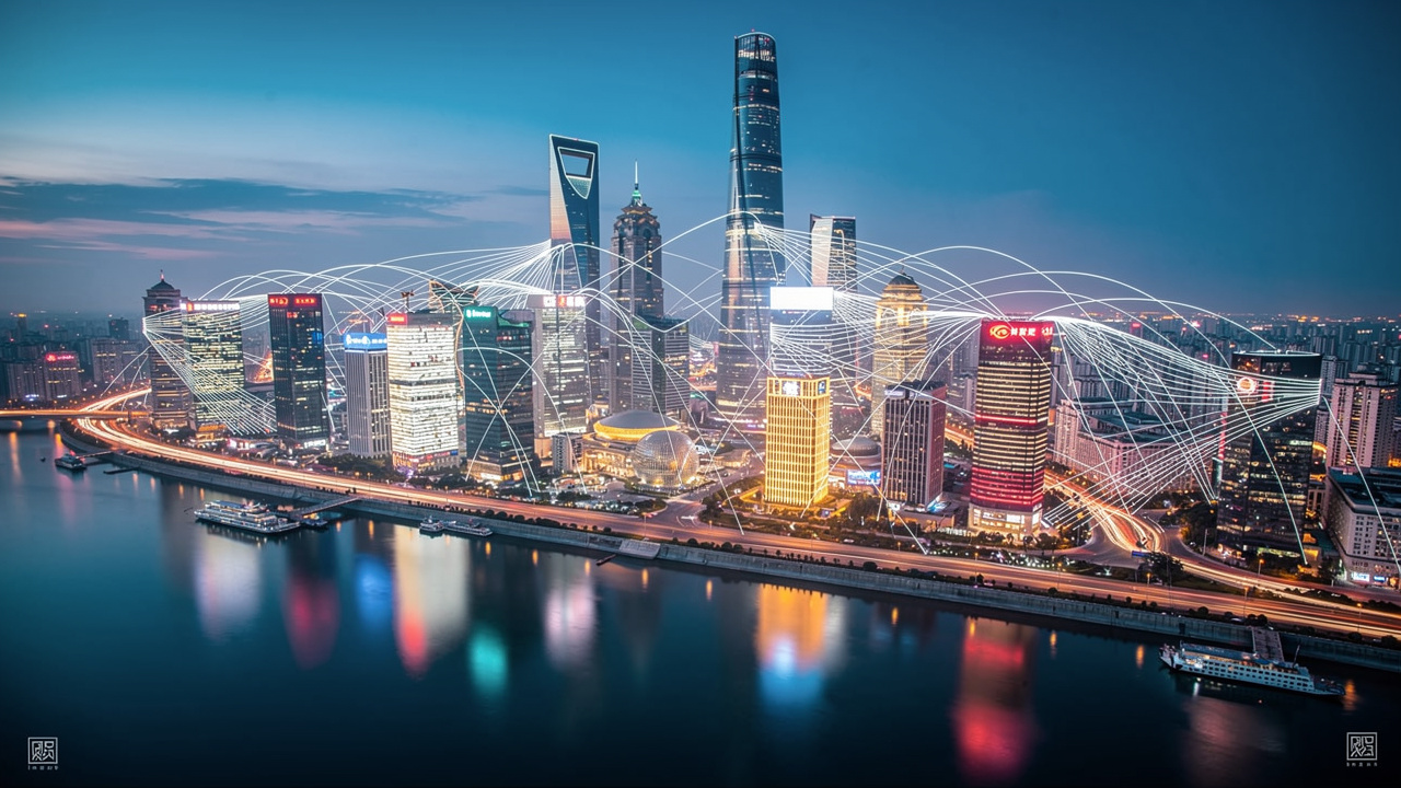 A city skyline at dusk with light trails and digital lines illustrating network connectivity between skyscrapers along a river.