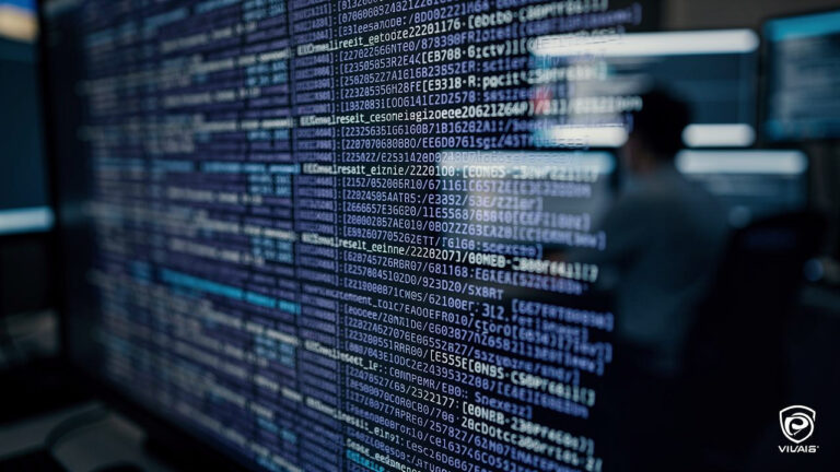A computer screen displays lines of code and data in a dimly lit room, with an out-of-focus person sitting at a desk in the background.