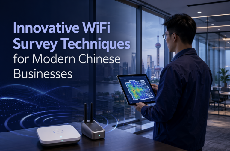 A man in an office overlooking a city holds a tablet showing a WiFi analysis map, with networking devices on the table. Text reads “Innovative WiFi Survey Techniques for Modern Chinese Businesses.”.