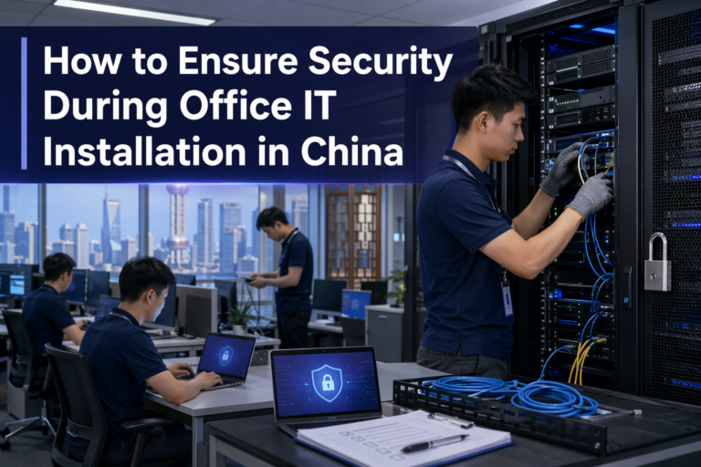 Two IT professionals work on computers and servers in a modern office. A laptop displaying a security icon sits on a table. Text reads: How to Ensure Security During Office IT Installation in China.