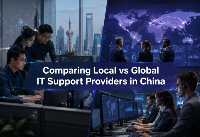 A split image shows IT teams working in modern offices with city and global map backgrounds. Text reads: "Comparing Local vs Global IT Support Providers in China.