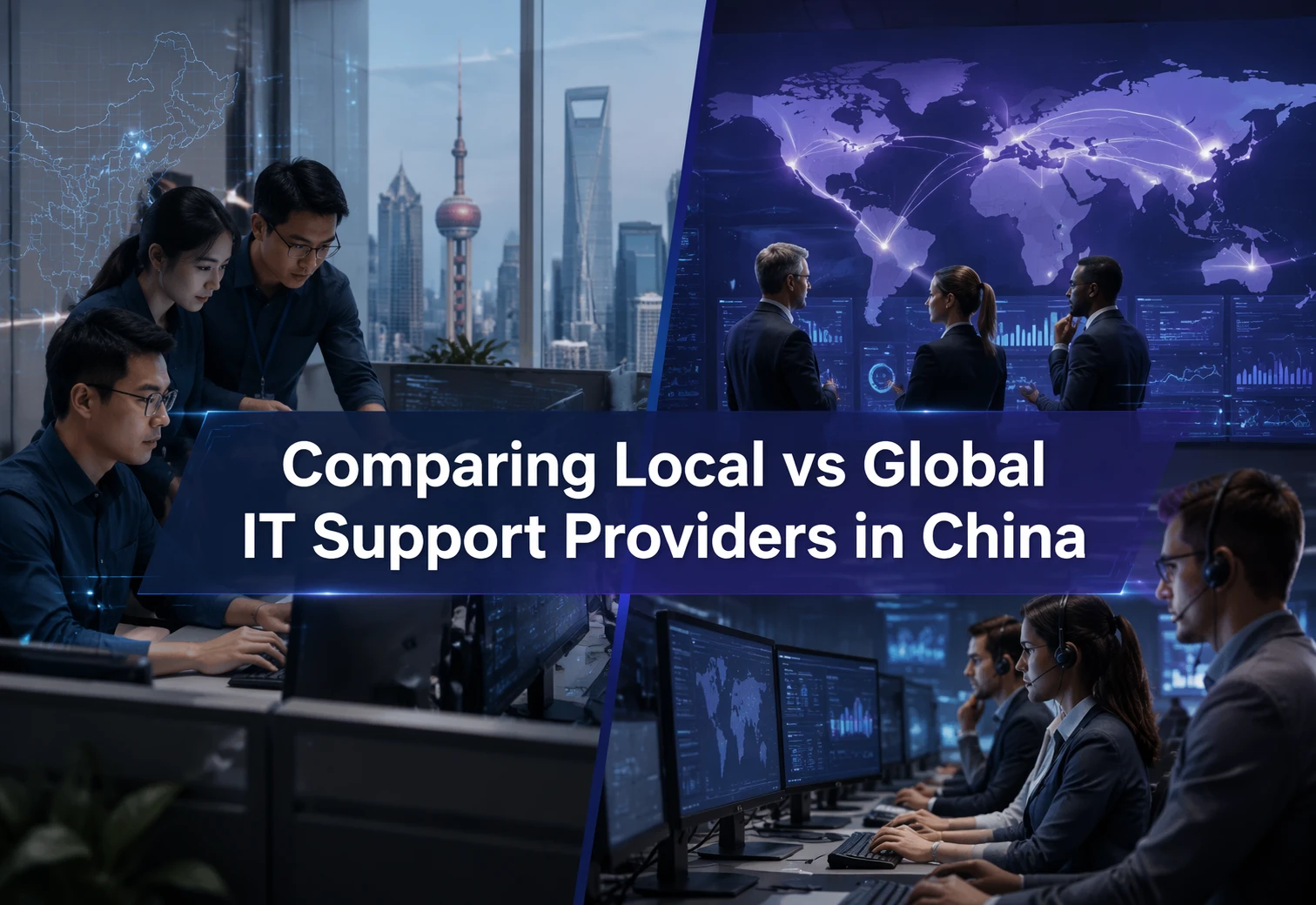 A split image shows IT teams working in modern offices with city and global map backgrounds. Text reads: "Comparing Local vs Global IT Support Providers in China.