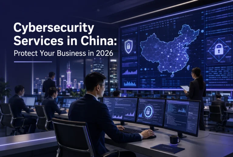 Office with professionals monitoring cybersecurity data on large digital screens showing a map of China, cityscape visible through windows, and “Cybersecurity Services in China” text displayed.