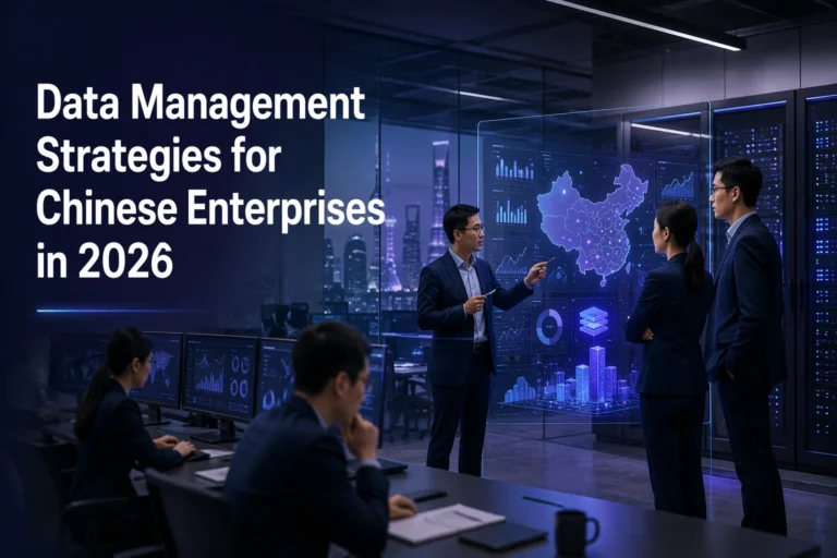 Four business professionals discuss data management in a modern office with digital screens showing data and a map of China. Text on screen reads: “Data Management Strategies for Chinese Enterprises in 2026.”.
