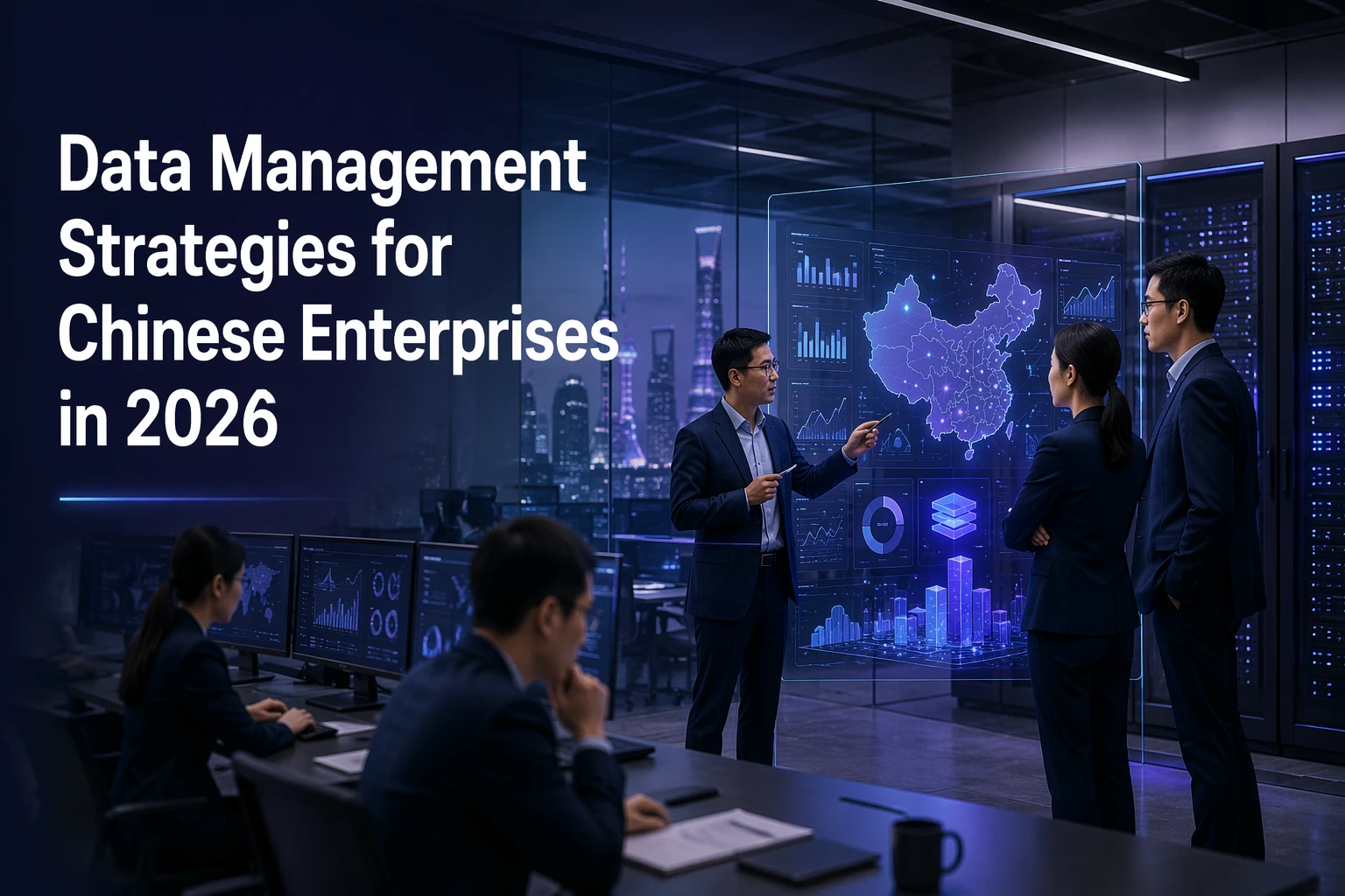 Four business professionals discuss data management in a modern office with digital screens showing data and a map of China. Text on screen reads: “Data Management Strategies for Chinese Enterprises in 2026.”.