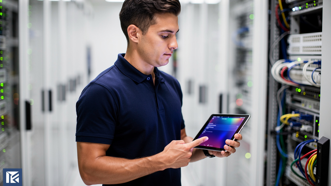 Network engineer configuring Wi-Fi channels in server room