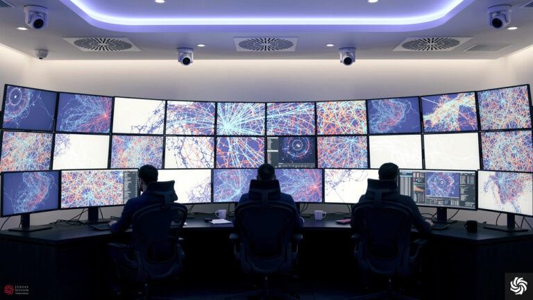 Three people sit at a control center desk with multiple large monitors displaying complex network or flight path data in a dark, modern room.