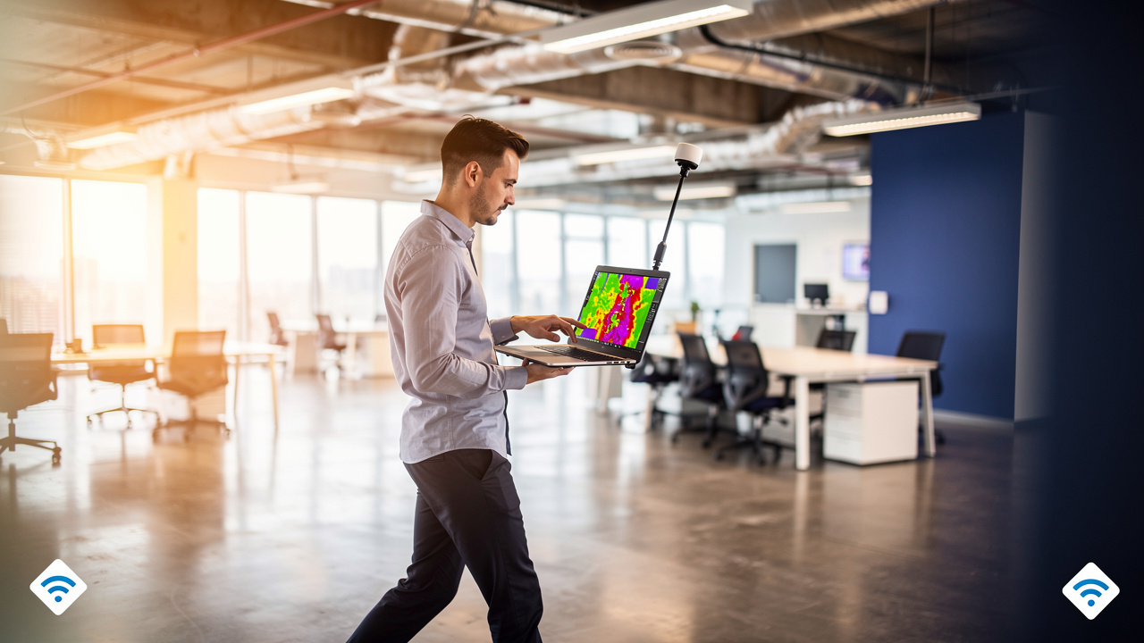 Technician performing Wi-Fi site survey in modern office