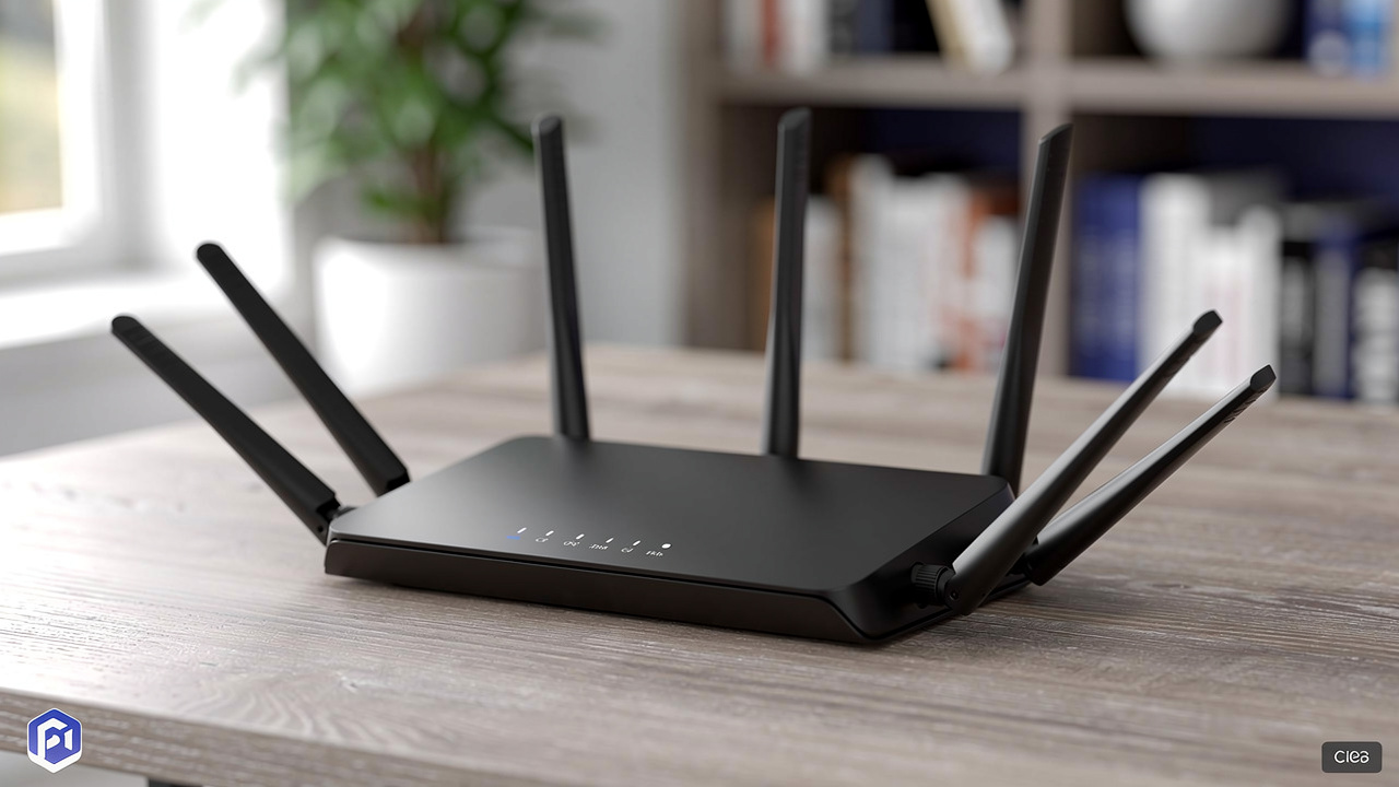 Wi-Fi 6 router with multiple antennas on wooden desk