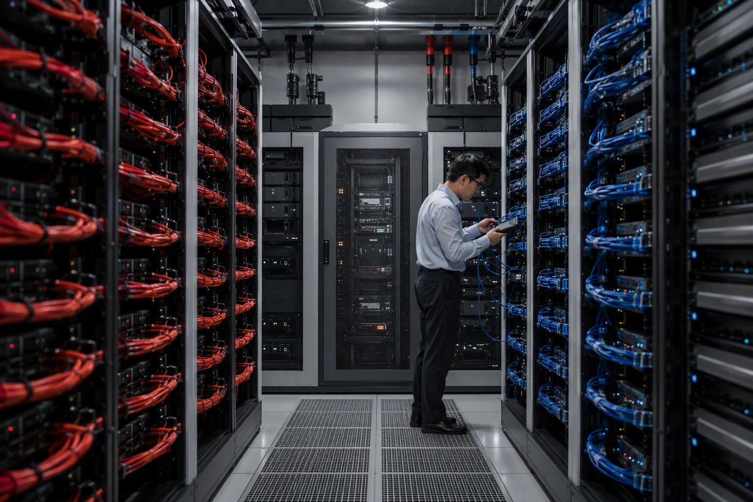 Engineer aligning China and global server racks in secure data center
