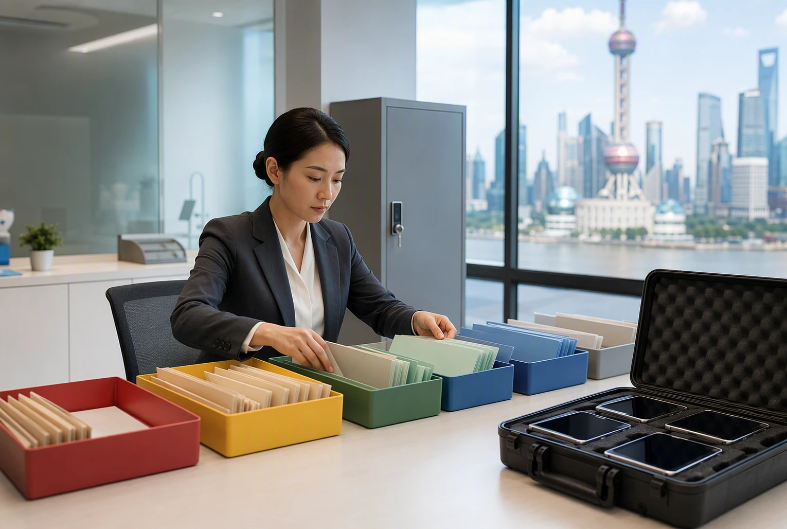 Compliance officer organizing patient records in Shanghai clinic
