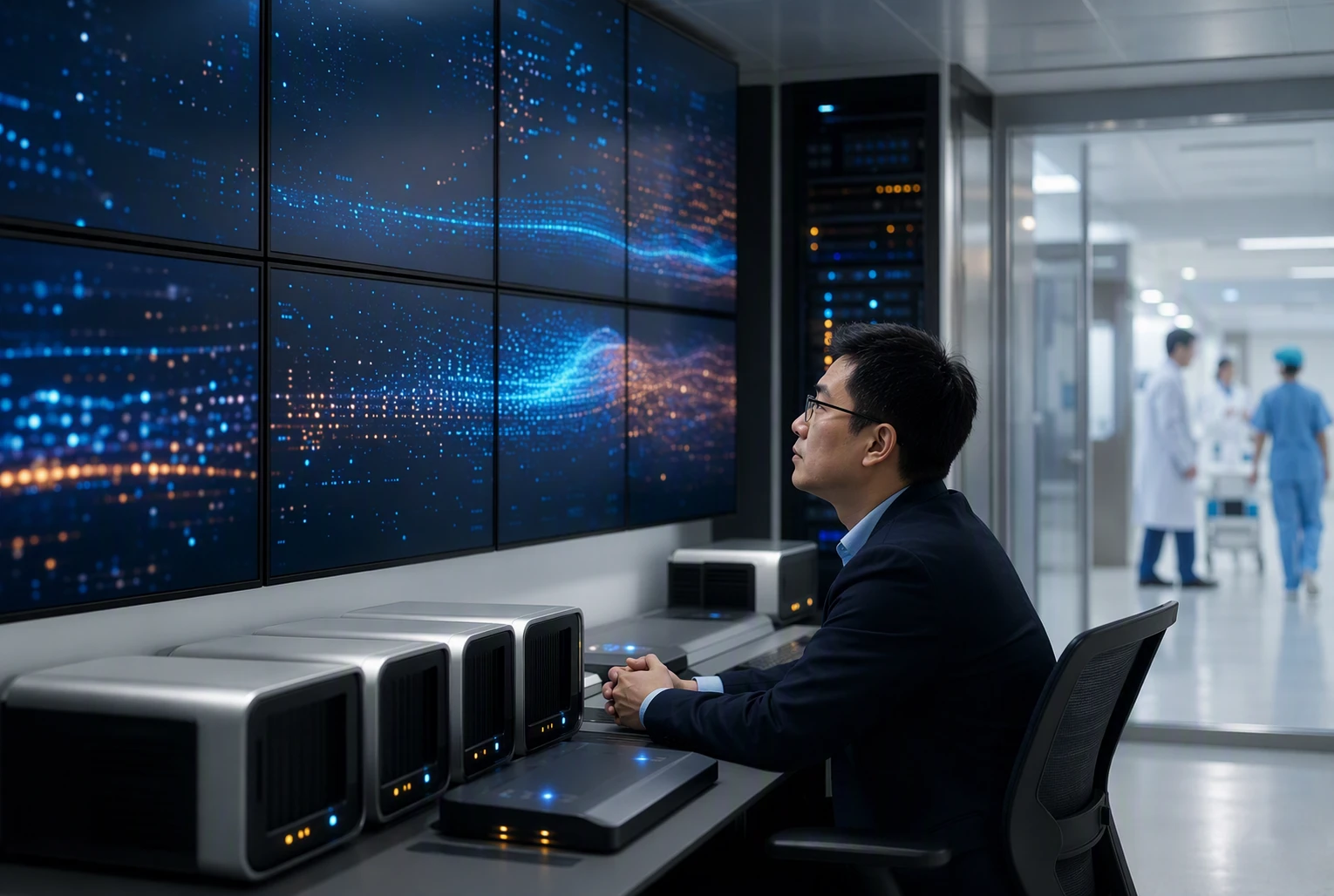 IT engineer monitors hospital AI network integration