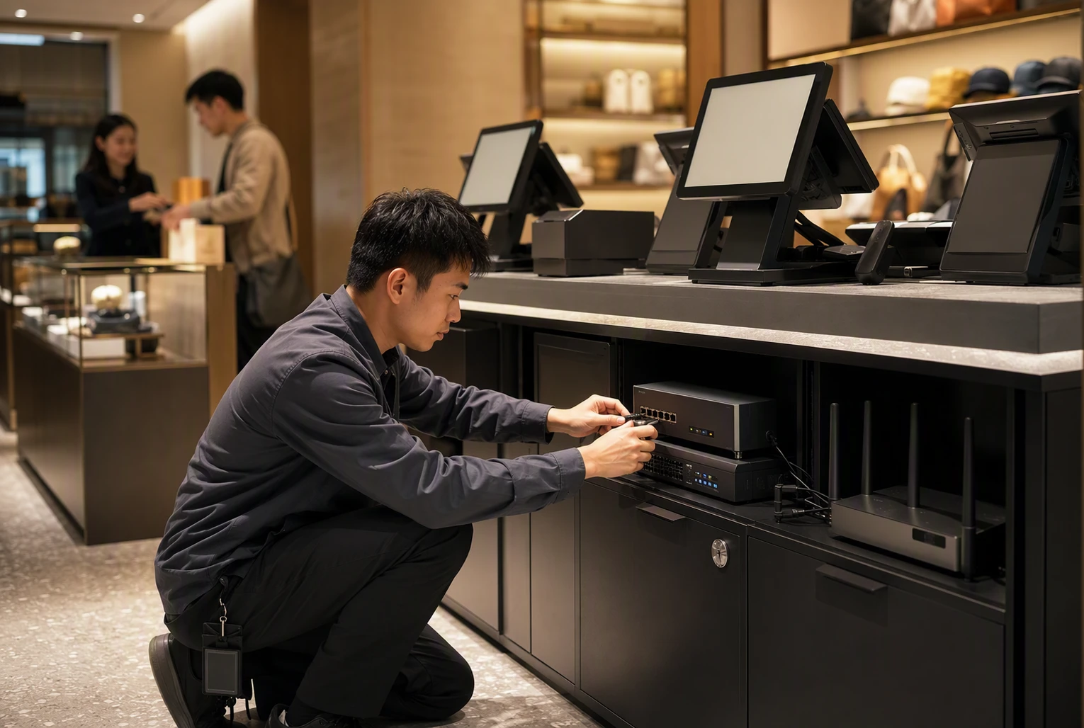 Chinese IT technician adjusting AI compliance settings at retail POS terminal
