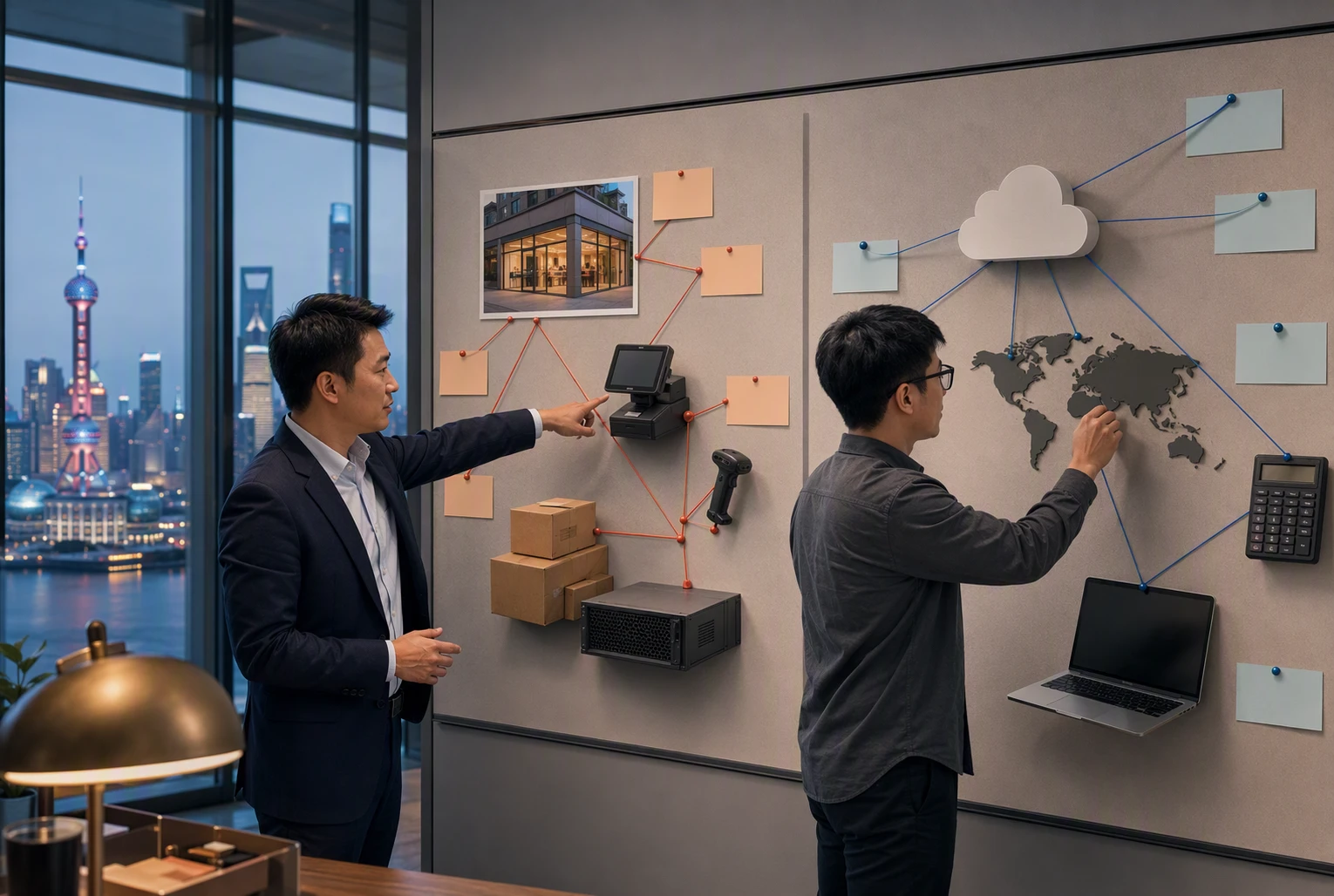 IT lead and retail manager align Shanghai store systems on strategy board