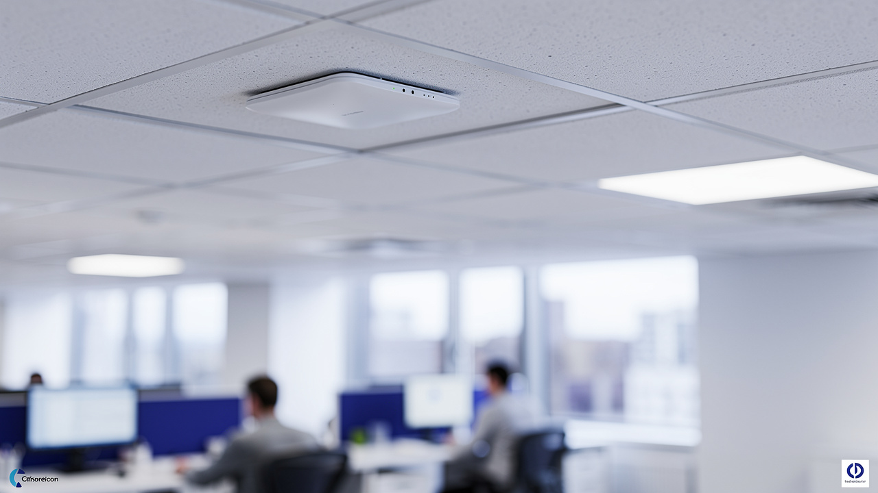 Ceiling access point installed inside modern office