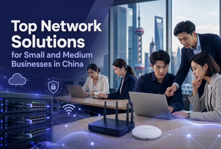 Four professionals work on laptops in an office with city views; network equipment sits on the table. Text reads “Top Network Solutions for Small and Medium Businesses in China.”.