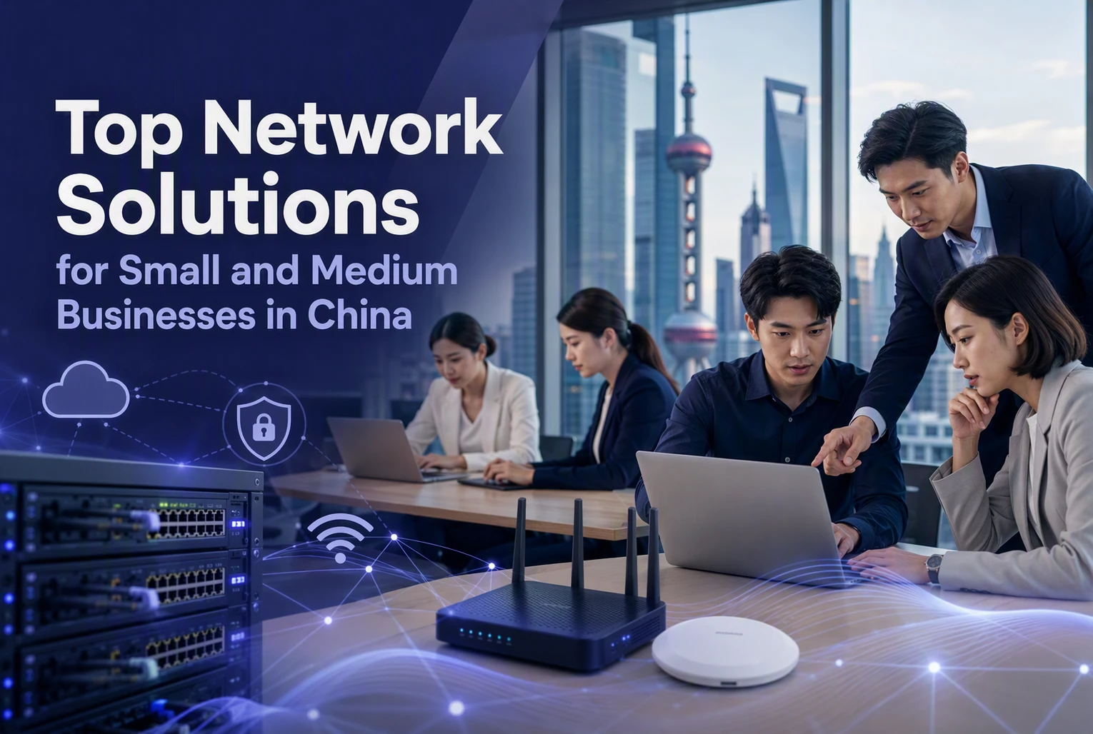 Four professionals work on laptops in an office with city views; network equipment sits on the table. Text reads “Top Network Solutions for Small and Medium Businesses in China.”.
