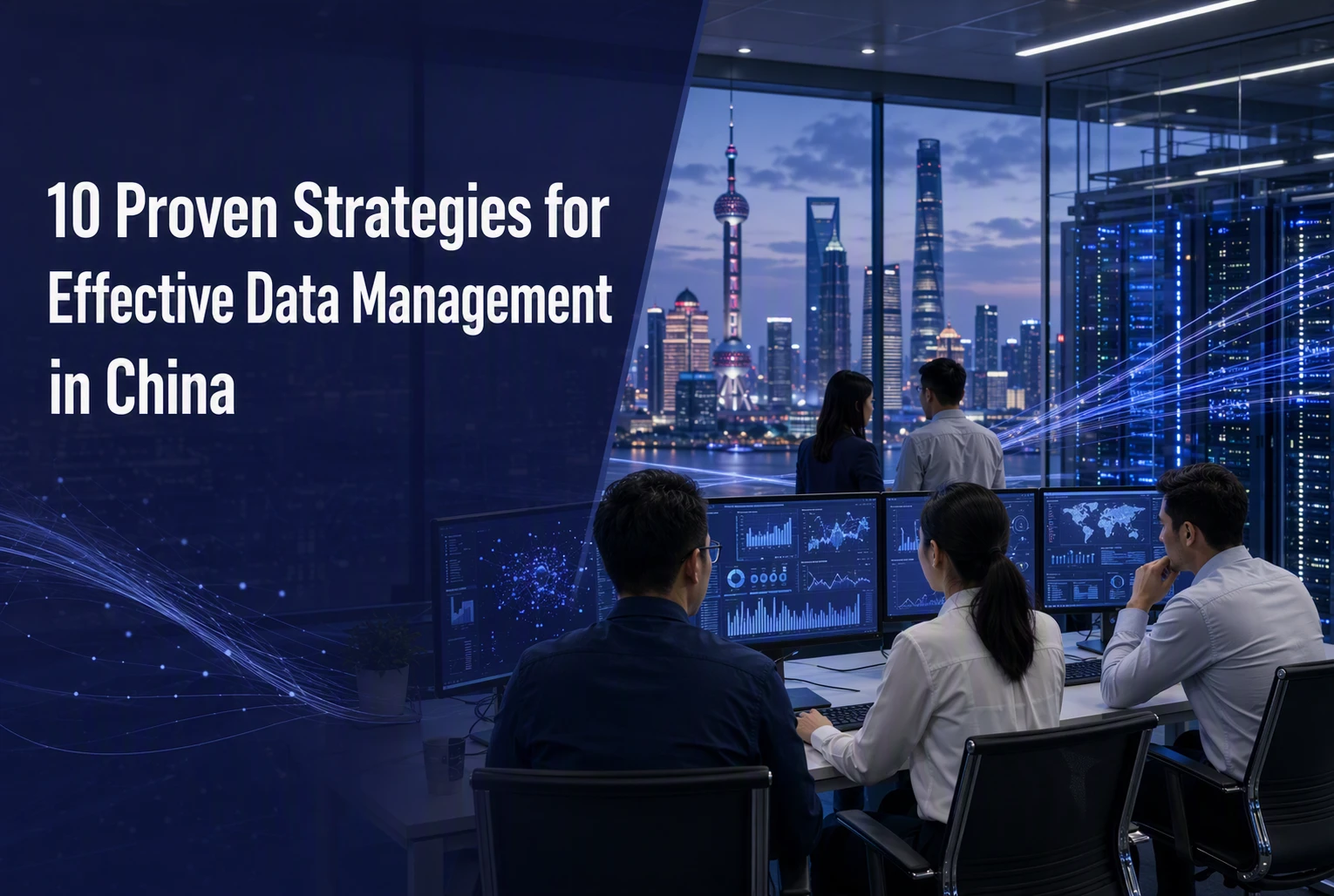 Four people in an office with multiple monitors look out at a city skyline. Text reads: “10 Proven Strategies for Effective Data Management in China.”.