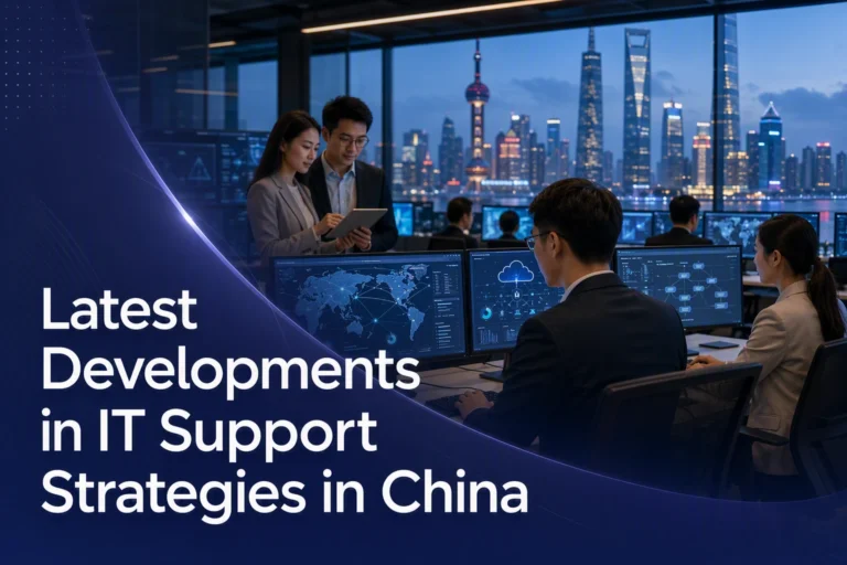 Four people work at computers in a modern office with large windows overlooking a city skyline at dusk. Text reads: “Latest Developments in IT Support Strategies in China.”.