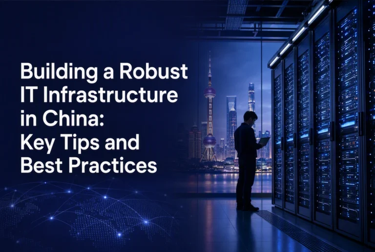 A person works on a laptop in a server room at night, with a city skyline visible through the windows; text discusses building IT infrastructure in China.