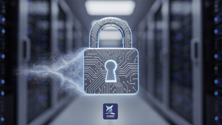 A digital padlock with circuit patterns floats in front of blurred server racks, symbolizing cybersecurity and data protection. A logo labeled “AVOID-E” appears at the bottom center.