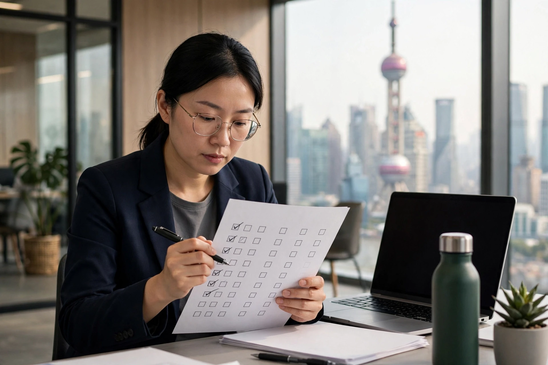 Compliance officer reviewing AI inventory checklist beside laptop