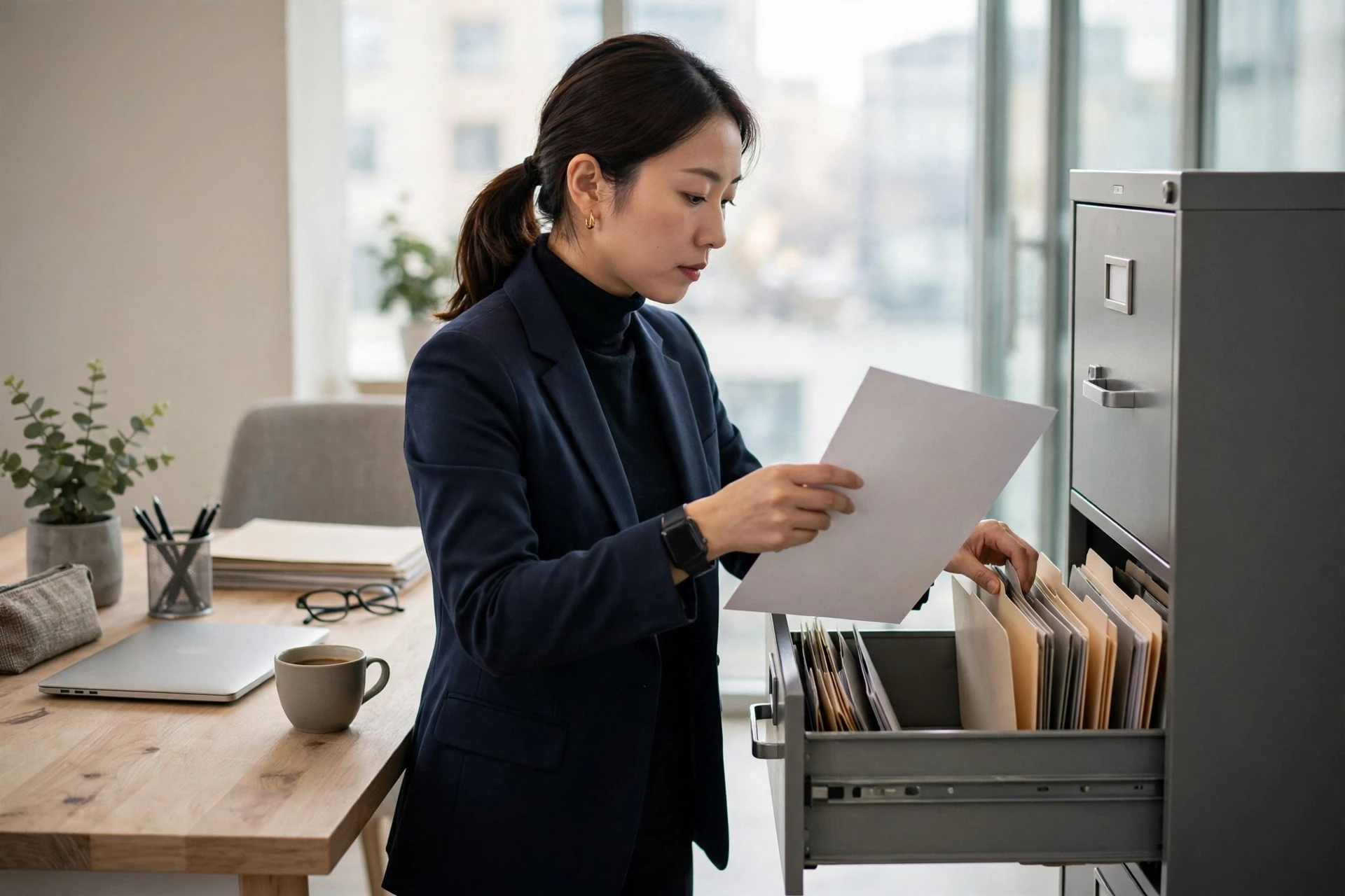 Compliance manager reviewing dated incident report in office